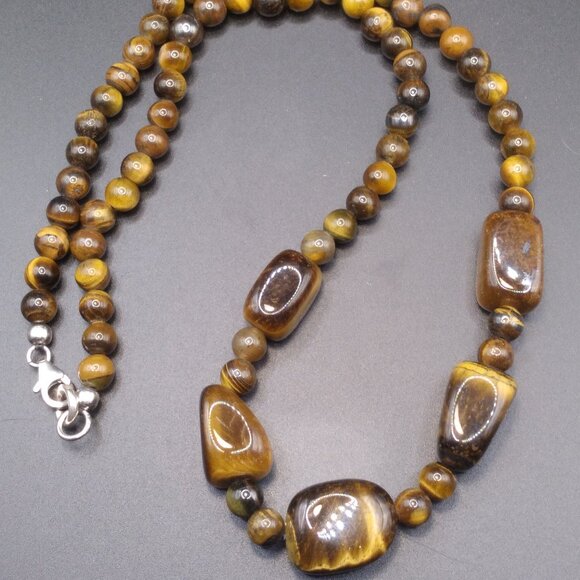 Tiger's Eye Semi Precious Stone 20'' Necklace with Sterling Silver Clasp - Picture 1 of 4